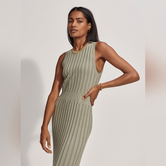 Anthropologie VARLEY Florian Knit Midi Dress NWT Sz L Sage Green Pointelle Knit - Picture 4 of 13